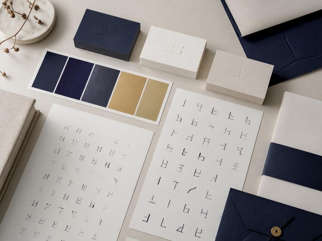 Brand identity materials laid out on a desk